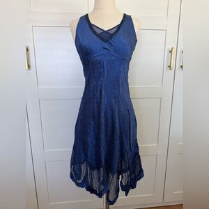 Komarov sleeveless v neck blue crinkle dress with sequin detail